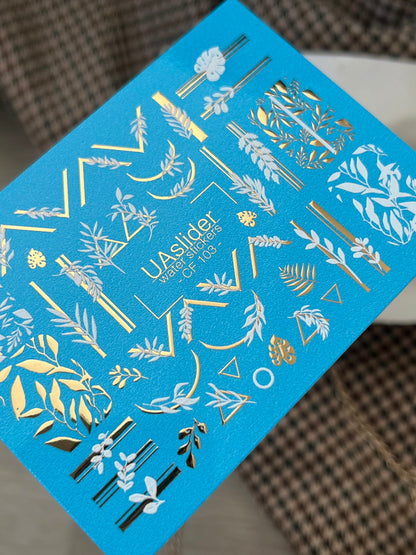 Nail Water Decal CF-103 | Botanical Water Slide Nail Decals | Geometric Lines, Branches & Gold Accents