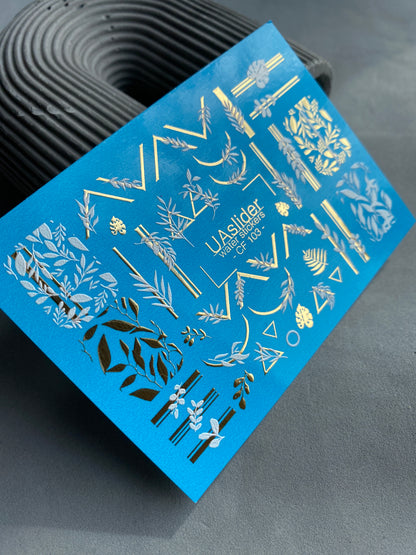 Nail Water Decal CF-103 | Botanical Water Slide Nail Decals | Geometric Lines, Branches & Gold Accents
