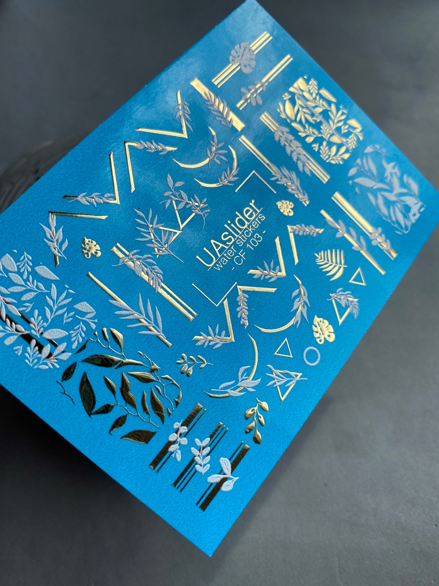 Nail Water Decal CF-103 | Botanical Water Slide Nail Decals | Geometric Lines, Branches & Gold Accents