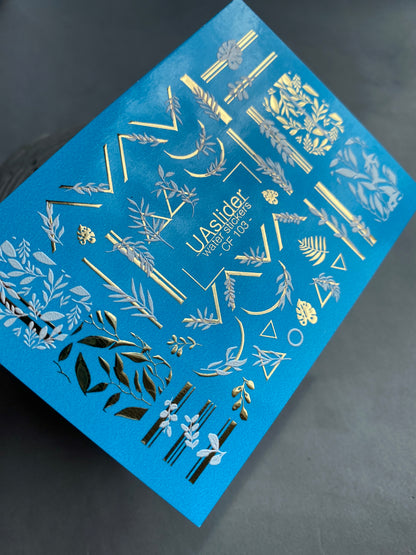 Nail Water Decal CF-103 | Botanical Water Slide Nail Decals | Geometric Lines, Branches & Gold Accents