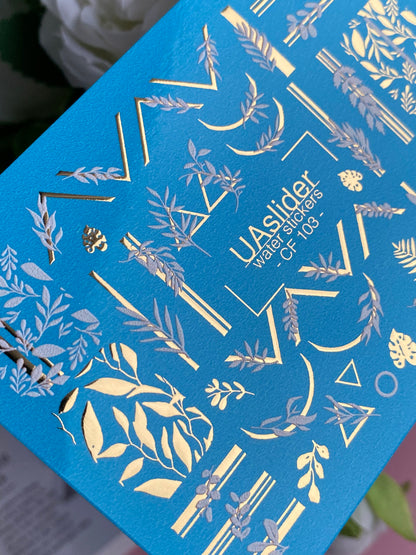 Nail Water Decal CF-103 | Botanical Water Slide Nail Decals | Geometric Lines, Branches & Gold Accents
