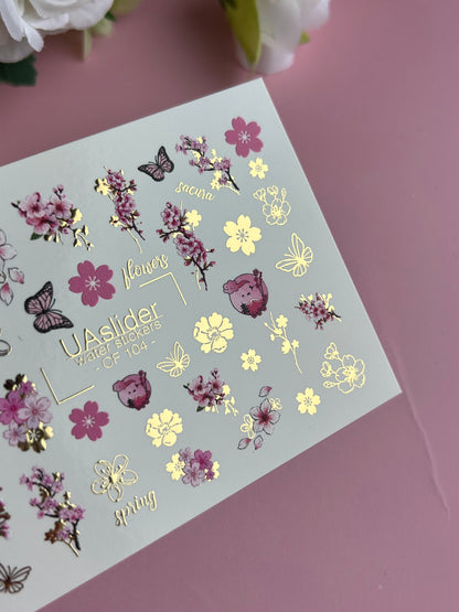 Nail Water Decal CF-104 | Floral Water Slide Nail Decals | Sakura Blossoms, Spring Flowers & Butterflies
