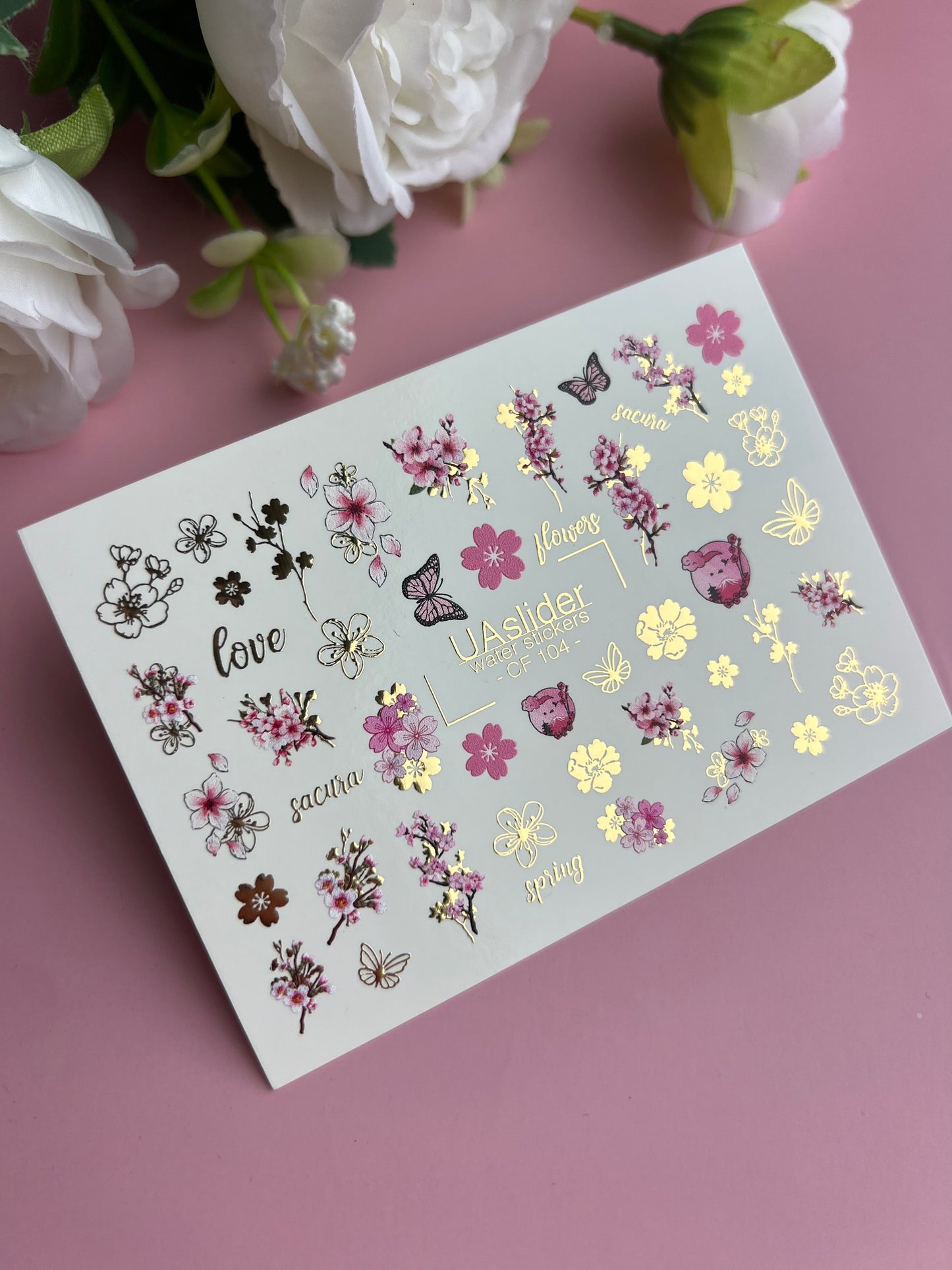 Nail Water Decal CF-104 | Floral Water Slide Nail Decals | Sakura Blossoms, Spring Flowers & Butterflies