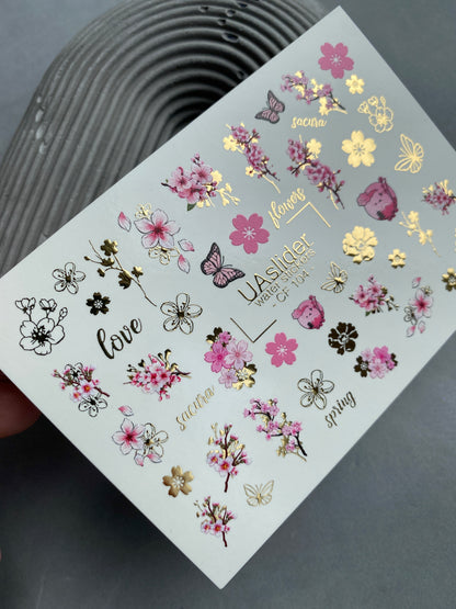 Nail Water Decal CF-104 | Floral Water Slide Nail Decals | Sakura Blossoms, Spring Flowers & Butterflies