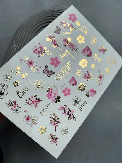 Nail Water Decal CF-104 | Floral Water Slide Nail Decals | Sakura Blossoms, Spring Flowers & Butterflies