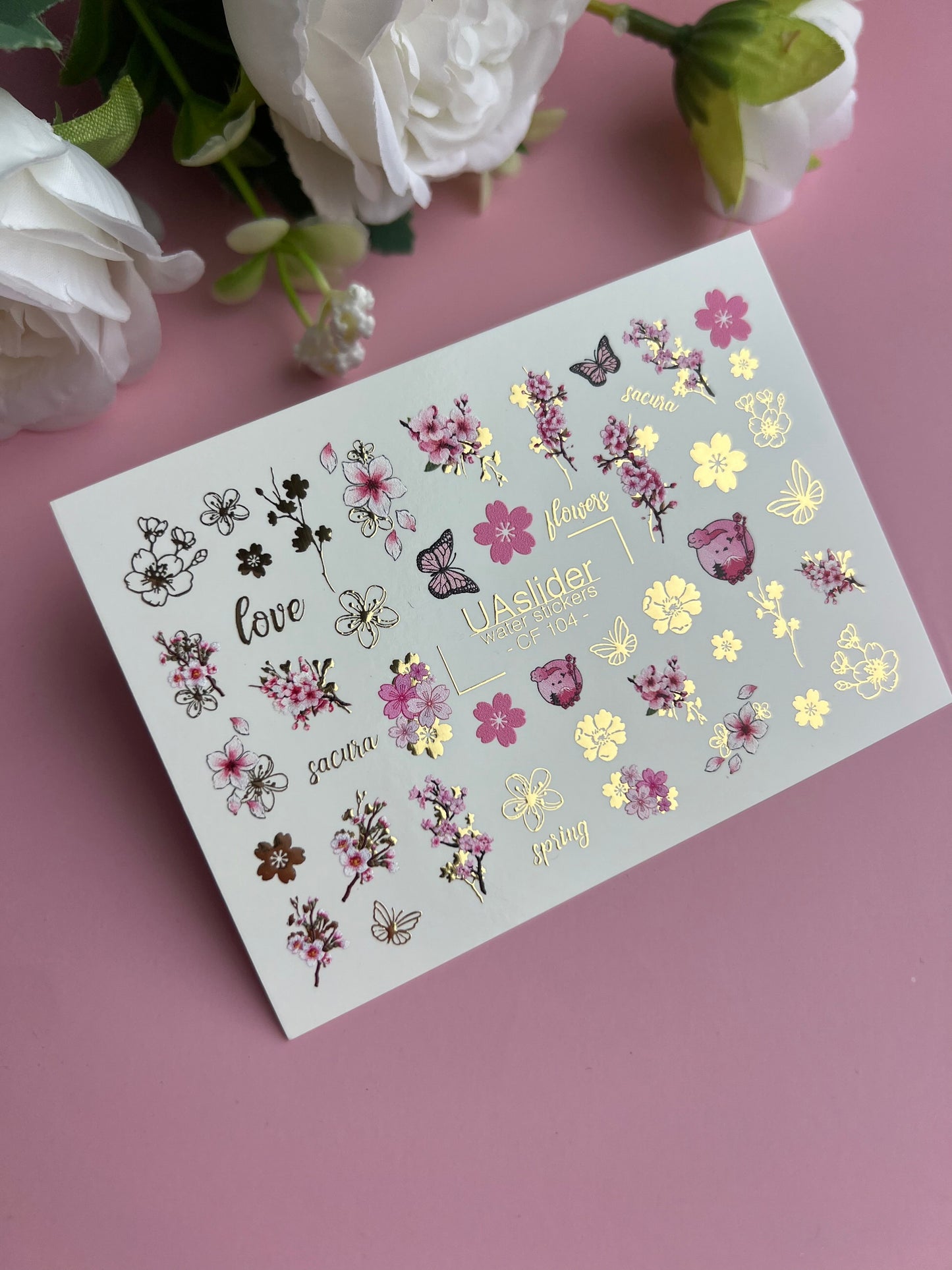 Nail Water Decal CF-104 | Floral Water Slide Nail Decals | Sakura Blossoms, Spring Flowers & Butterflies