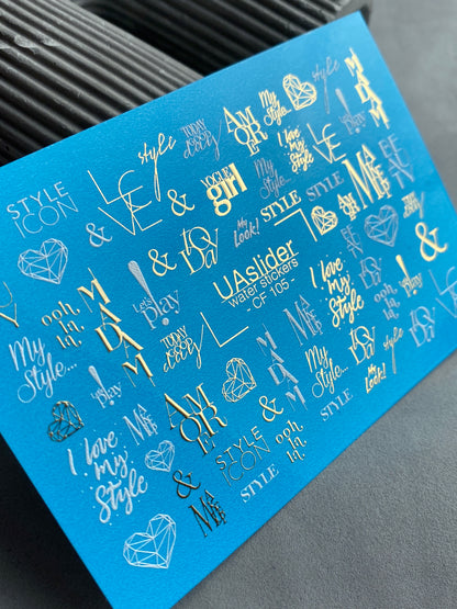 Nail Water Decal CF-105 | Minimalist Water Slide Nail Decals | Love & Style Lettering with Gold Accents