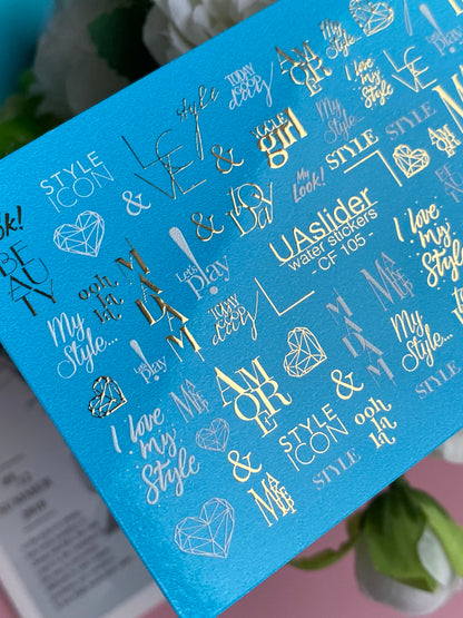 Nail Water Decal CF-105 | Minimalist Water Slide Nail Decals | Love & Style Lettering with Gold Accents