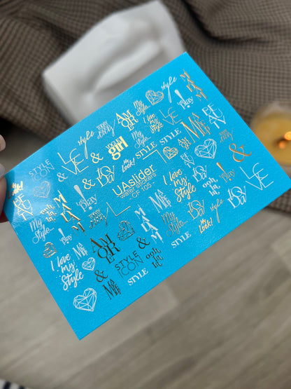 Nail Water Decal CF-105 | Minimalist Water Slide Nail Decals | Love & Style Lettering with Gold Accents