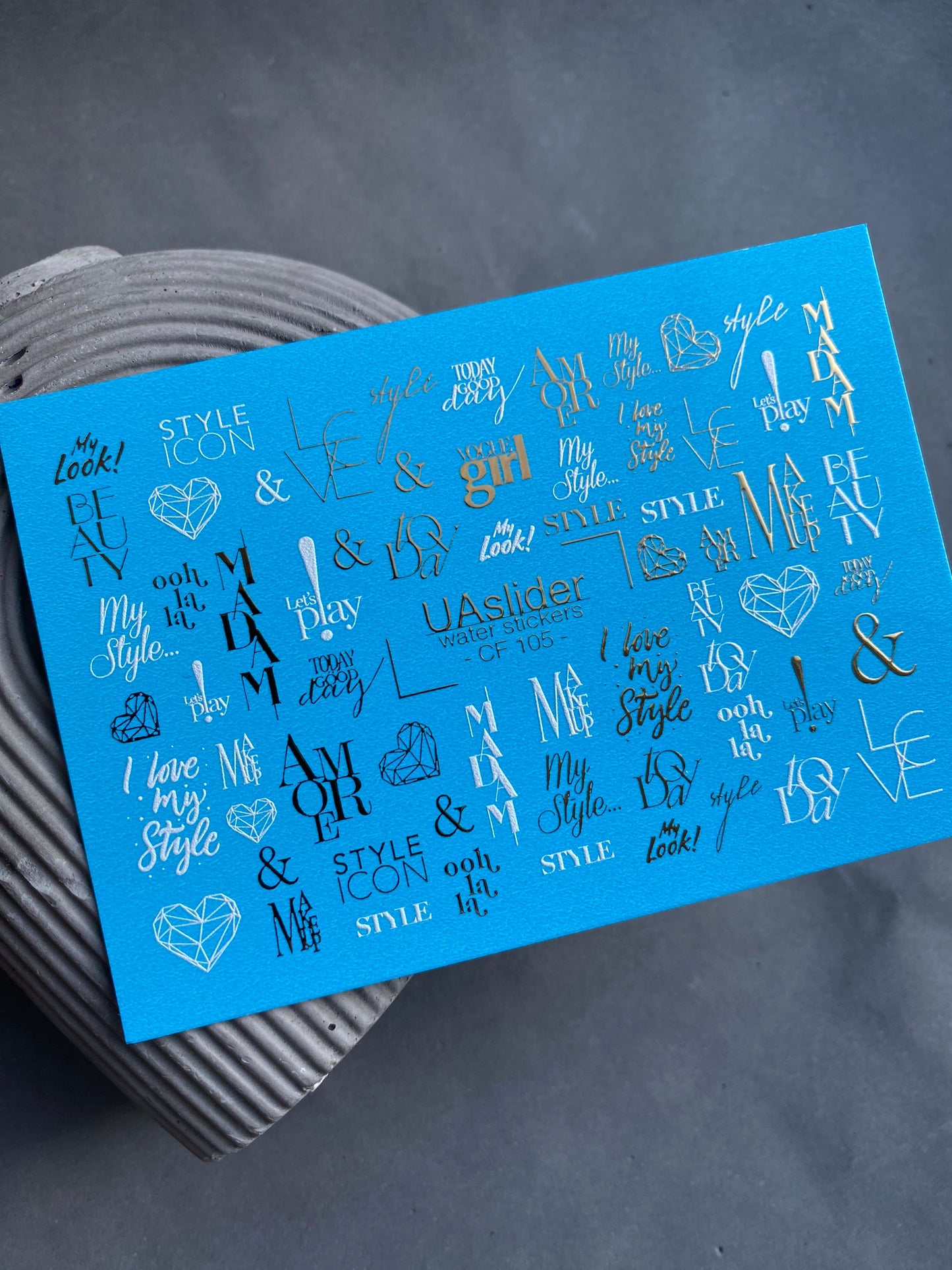 Nail Water Decal CF-105 | Minimalist Water Slide Nail Decals | Love & Style Lettering with Gold Accents