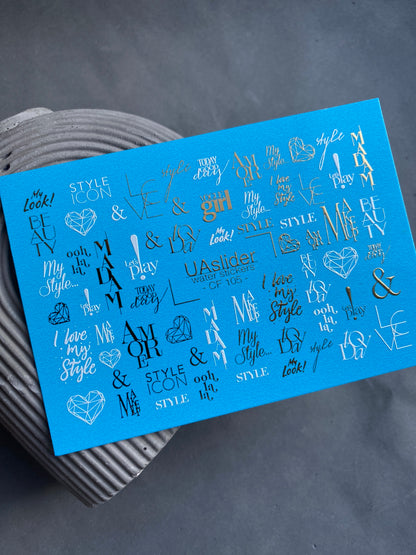 Nail Water Decal CF-105 | Minimalist Water Slide Nail Decals | Love & Style Lettering with Gold Accents