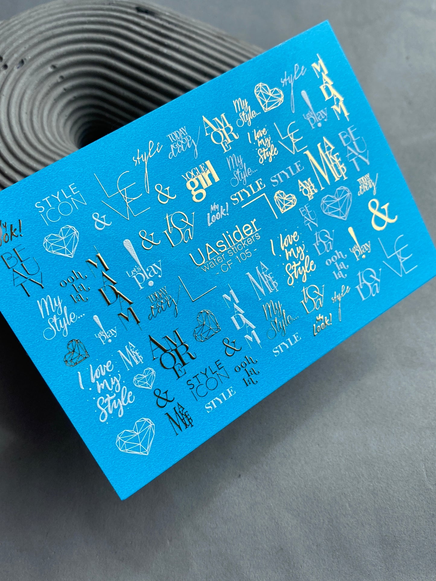 Nail Water Decal CF-105 | Minimalist Water Slide Nail Decals | Love & Style Lettering with Gold Accents