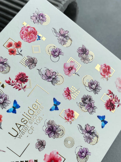 Naklejka wodna na paznokcie CF-106 | Kwiatowe naklejki wodne na paznokcie | Różowe kwiaty, niebieskie motyle i geometryczne akcenty