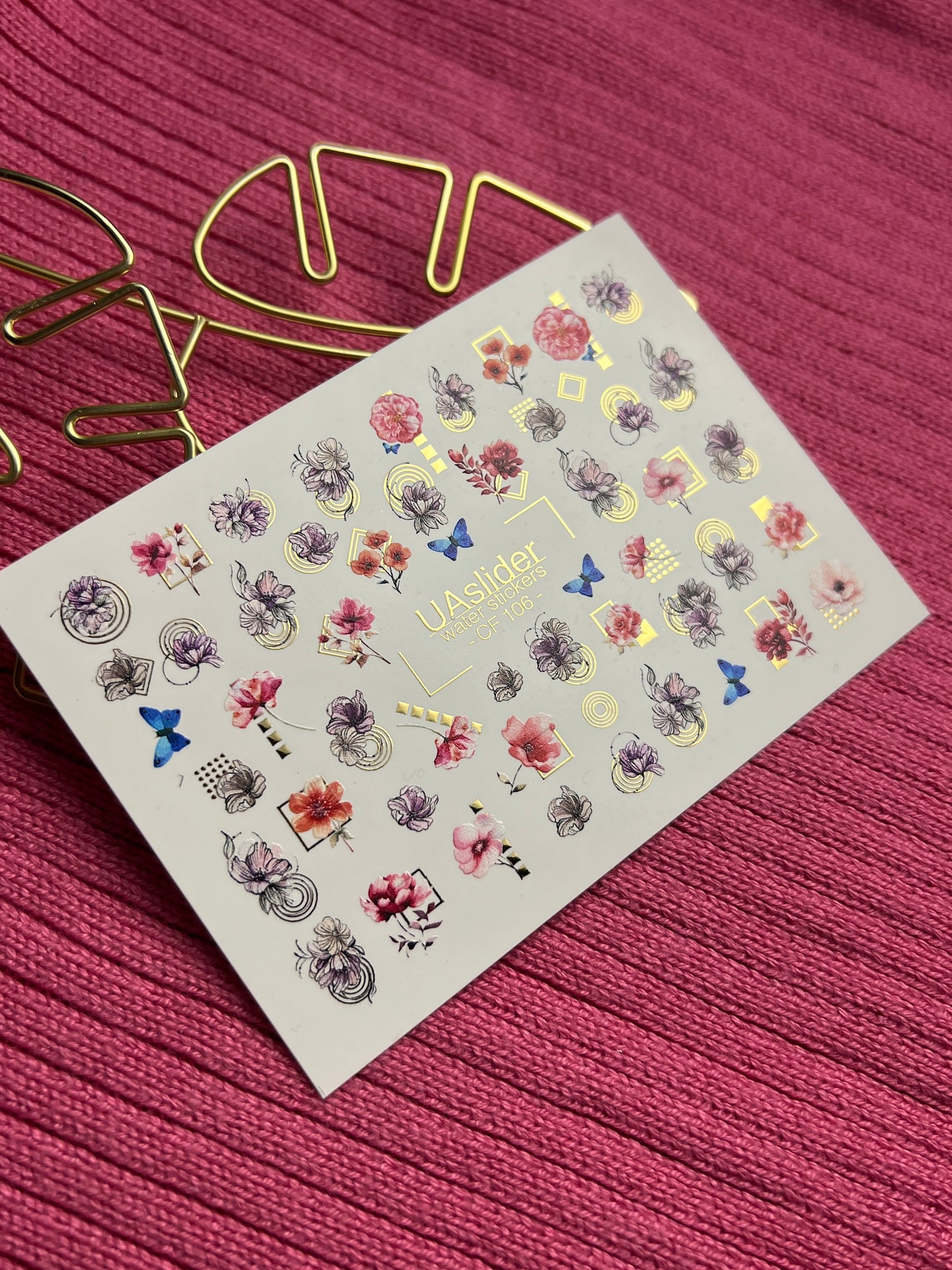 Naklejka wodna na paznokcie CF-106 | Kwiatowe naklejki wodne na paznokcie | Różowe kwiaty, niebieskie motyle i geometryczne akcenty