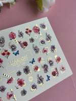 Nail Water Decal CF-106 | Floral Water Slide Nail Decals | Pink Flowers, Blue Butterflies & Geometric Accents - UASLIDER