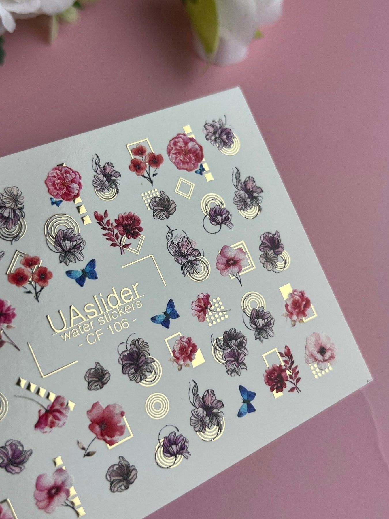 Nail Water Decal CF-106 | Floral Water Slide Nail Decals | Pink Flowers, Blue Butterflies & Geometric Accents - UASLIDER