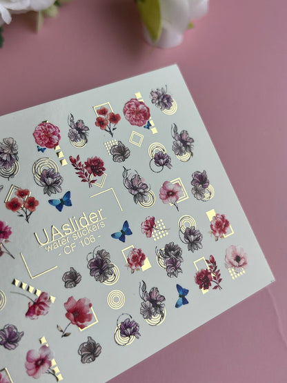 Naklejka wodna na paznokcie CF-106 | Kwiatowe naklejki wodne na paznokcie | Różowe kwiaty, niebieskie motyle i geometryczne akcenty