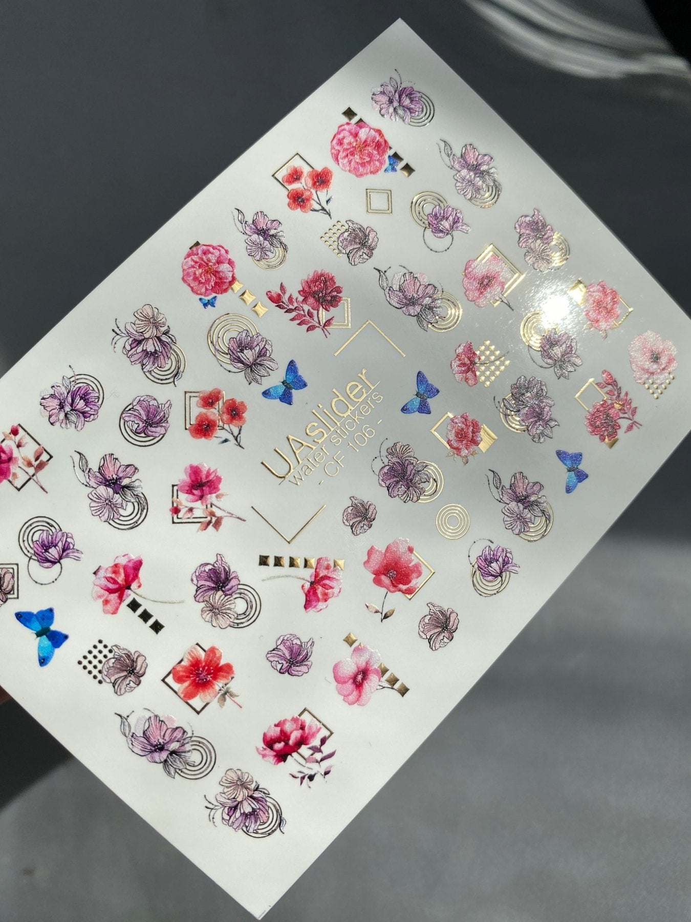 Nail Water Decal CF-106 | Floral Water Slide Nail Decals | Pink Flowers, Blue Butterflies & Geometric Accents - UASLIDER