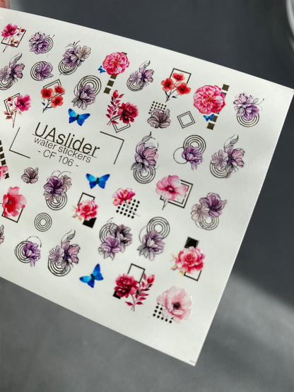 Naklejka wodna na paznokcie CF-106 | Kwiatowe naklejki wodne na paznokcie | Różowe kwiaty, niebieskie motyle i geometryczne akcenty
