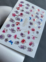 Nail Water Decal CF-106 | Floral Water Slide Nail Decals | Pink Flowers, Blue Butterflies & Geometric Accents - UASLIDER