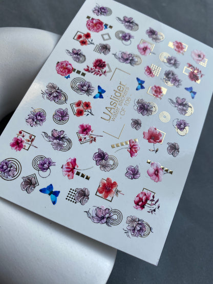 Naklejka wodna na paznokcie CF-106 | Kwiatowe naklejki wodne na paznokcie | Różowe kwiaty, niebieskie motyle i geometryczne akcenty