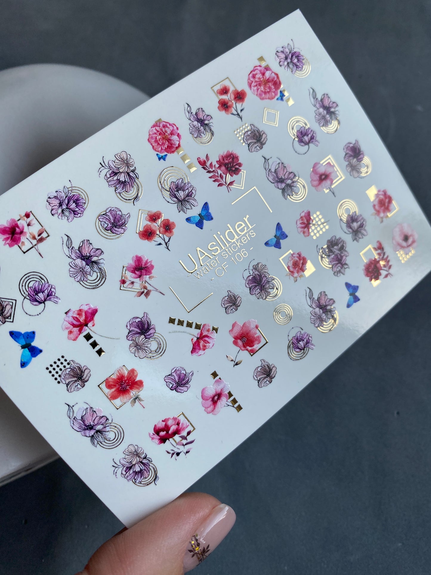 Naklejka wodna na paznokcie CF-106 | Kwiatowe naklejki wodne na paznokcie | Różowe kwiaty, niebieskie motyle i geometryczne akcenty