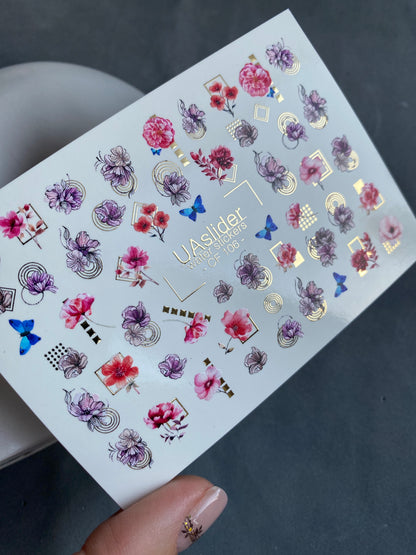 Naklejka wodna na paznokcie CF-106 | Kwiatowe naklejki wodne na paznokcie | Różowe kwiaty, niebieskie motyle i geometryczne akcenty