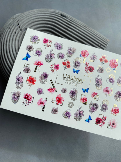 Naklejka wodna na paznokcie CF-106 | Kwiatowe naklejki wodne na paznokcie | Różowe kwiaty, niebieskie motyle i geometryczne akcenty