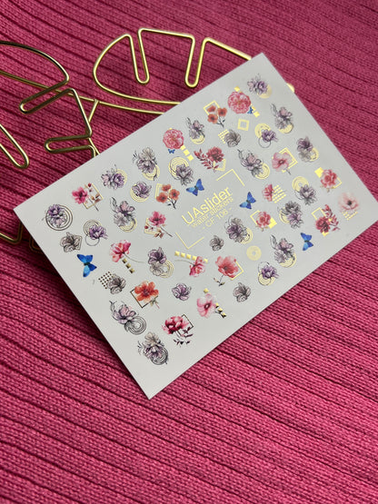 Naklejka wodna na paznokcie CF-106 | Kwiatowe naklejki wodne na paznokcie | Różowe kwiaty, niebieskie motyle i geometryczne akcenty