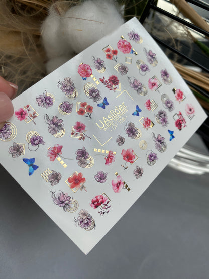 Naklejka wodna na paznokcie CF-106 | Kwiatowe naklejki wodne na paznokcie | Różowe kwiaty, niebieskie motyle i geometryczne akcenty