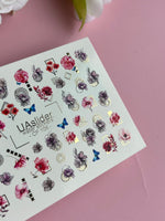 Nail Water Decal CF-106 | Floral Water Slide Nail Decals | Pink Flowers, Blue Butterflies & Geometric Accents - UASLIDER