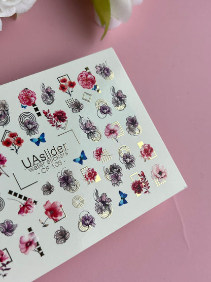 Naklejka wodna na paznokcie CF-106 | Kwiatowe naklejki wodne na paznokcie | Różowe kwiaty, niebieskie motyle i geometryczne akcenty