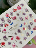 Nail Water Decal CF-106 | Floral Water Slide Nail Decals | Pink Flowers, Blue Butterflies & Geometric Accents - UASLIDER
