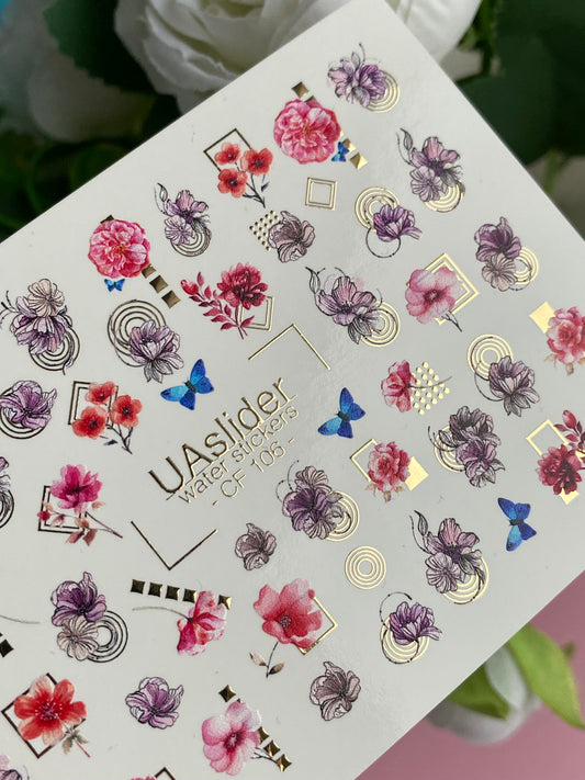 Nail Water Decal CF-106 | Floral Water Slide Nail Decals | Pink Flowers, Blue Butterflies & Geometric Accents