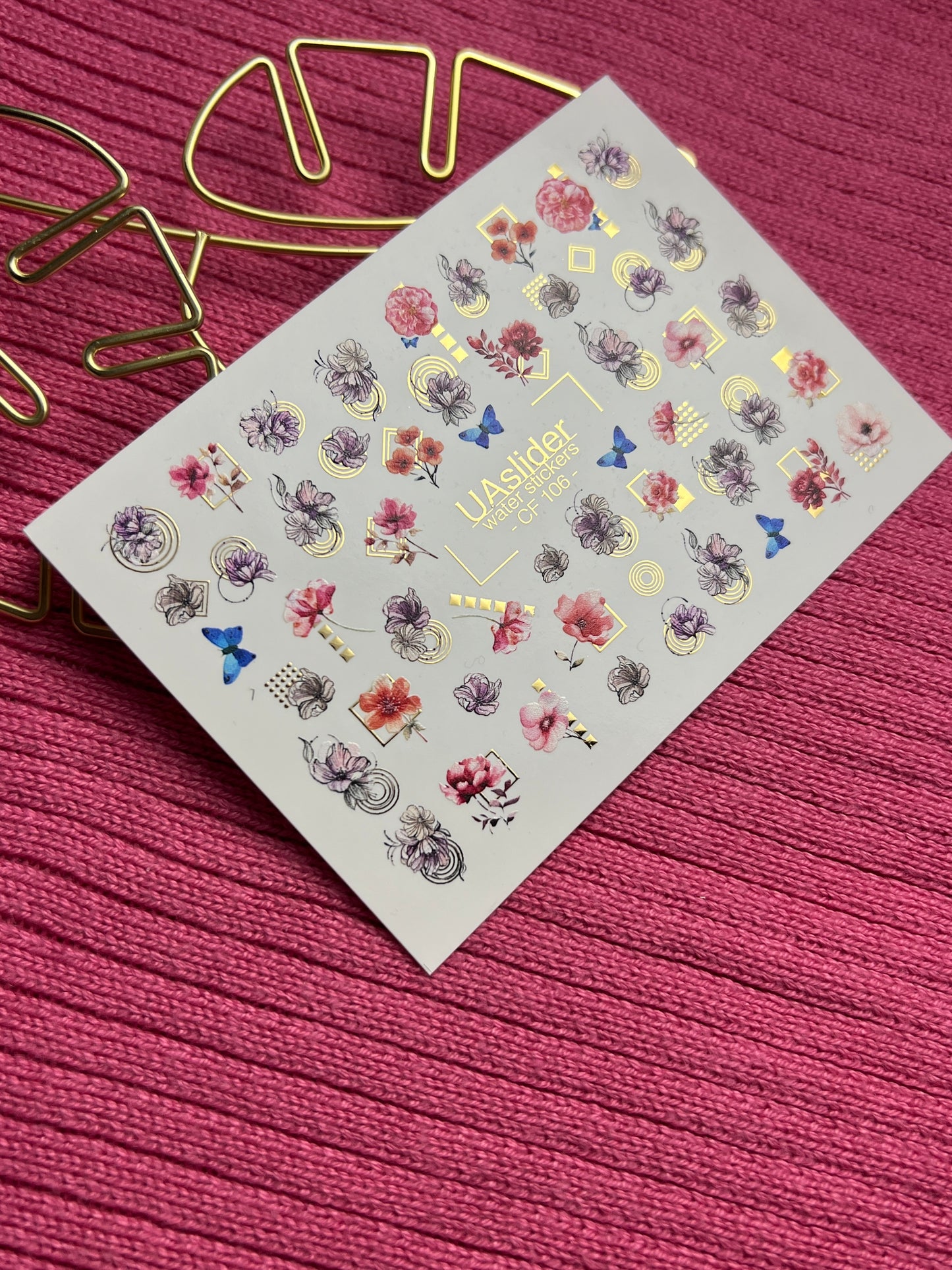 Naklejka wodna na paznokcie CF-106 | Kwiatowe naklejki wodne na paznokcie | Różowe kwiaty, niebieskie motyle i geometryczne akcenty