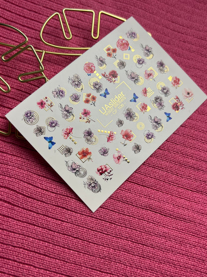 Naklejka wodna na paznokcie CF-106 | Kwiatowe naklejki wodne na paznokcie | Różowe kwiaty, niebieskie motyle i geometryczne akcenty