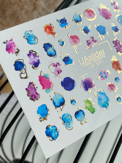 Nail Water Decal CF-107 | Abstract Water Slide Nail Decals | Color Splash, Watercolor Spots & Gold Accents