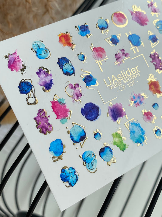 Nail Water Decal CF-107 | Abstract Water Slide Nail Decals | Color Splash, Watercolor Spots & Gold Accents