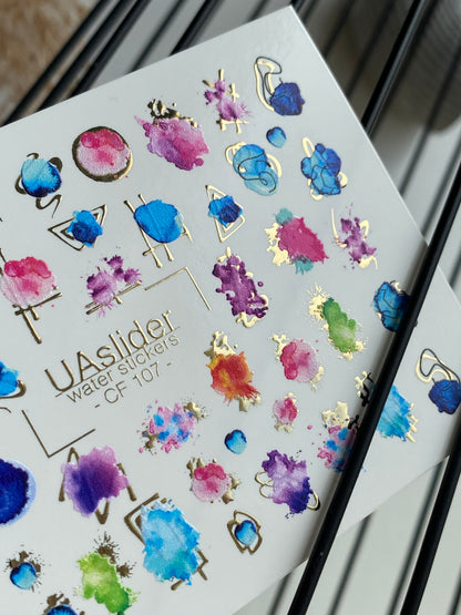 Nail Water Decal CF-107 | Abstract Water Slide Nail Decals | Color Splash, Watercolor Spots & Gold Accents
