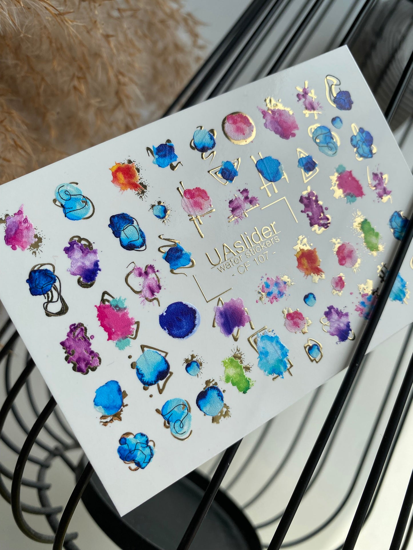 Nail Water Decal CF-107 | Abstract Water Slide Nail Decals | Color Splash, Watercolor Spots & Gold Accents