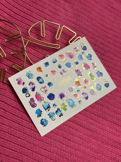 Nail Water Decal CF-107 | Abstract Water Slide Nail Decals | Color Splash, Watercolor Spots & Gold Accents