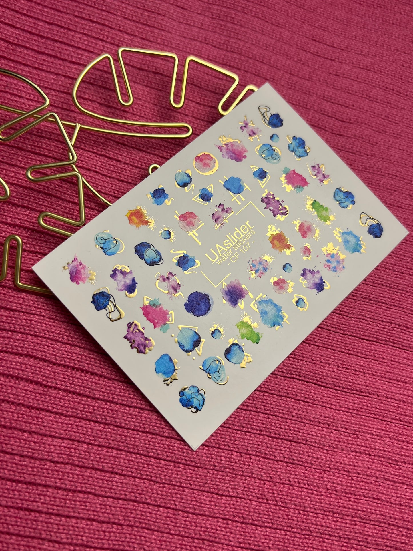 Nail Water Decal CF-107 | Abstract Water Slide Nail Decals | Color Splash, Watercolor Spots & Gold Accents