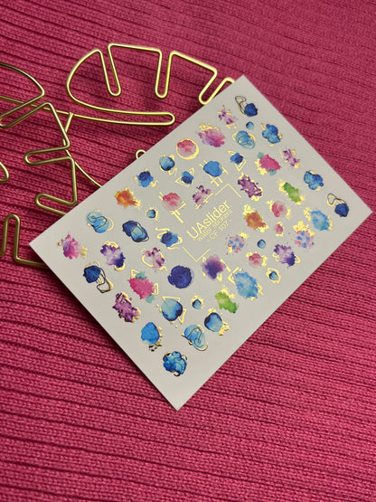 Nail Water Decal CF-107 | Abstract Water Slide Nail Decals | Color Splash, Watercolor Spots & Gold Accents