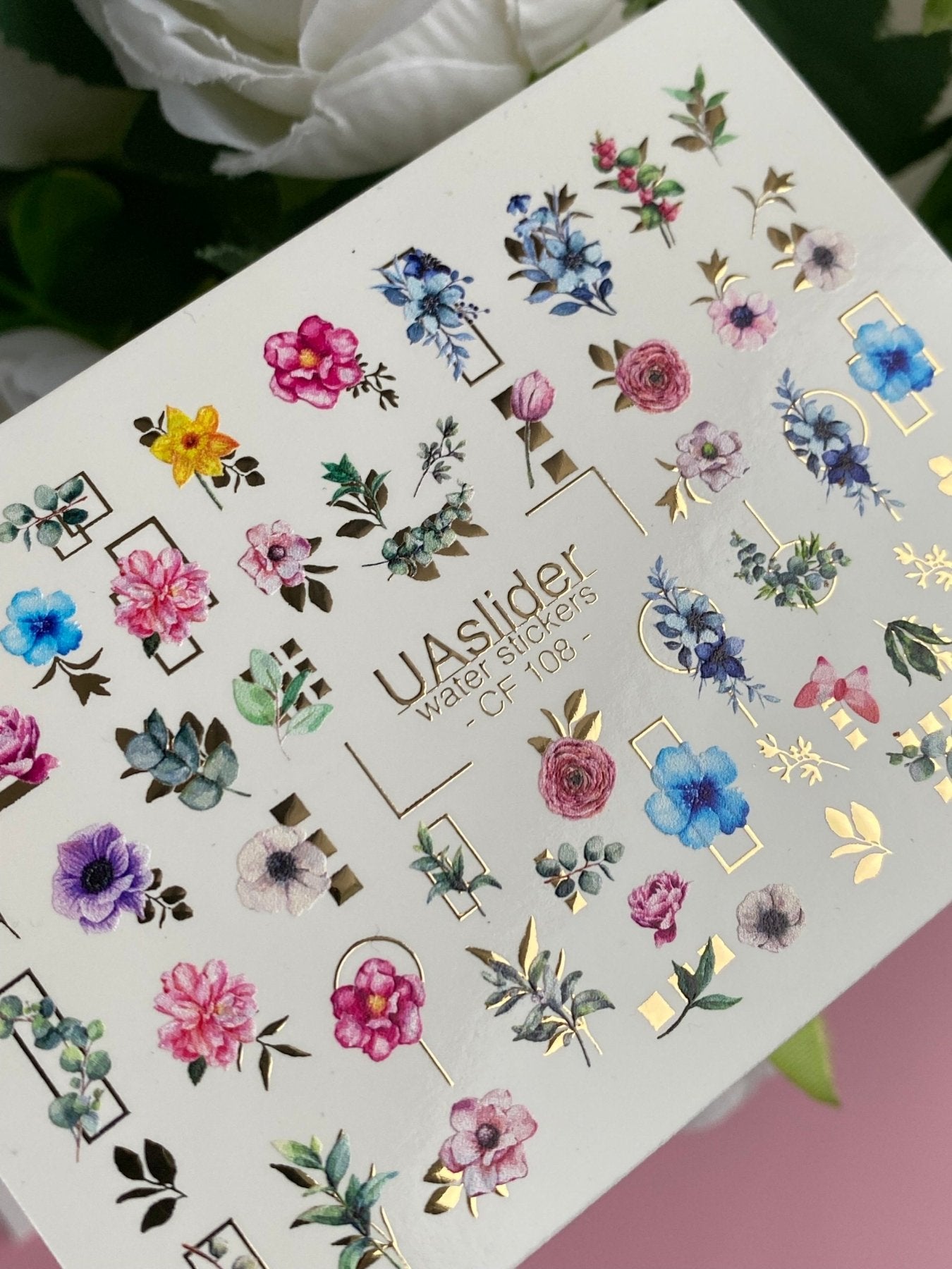 Nail Water Decal CF-108 | Floral Water Slide Nail Decals | Colorful Flowers, Greenery & Gold Frames - UASLIDER