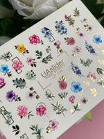 Nail Water Decal CF-108 | Floral Water Slide Nail Decals | Colorful Flowers, Greenery & Gold Frames - UASLIDER