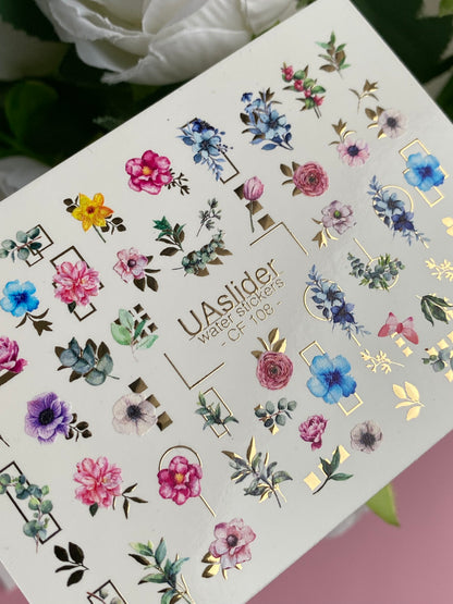 Nail Water Decal CF-108 | Floral Water Slide Nail Decals | Colorful Flowers, Greenery & Gold Frames