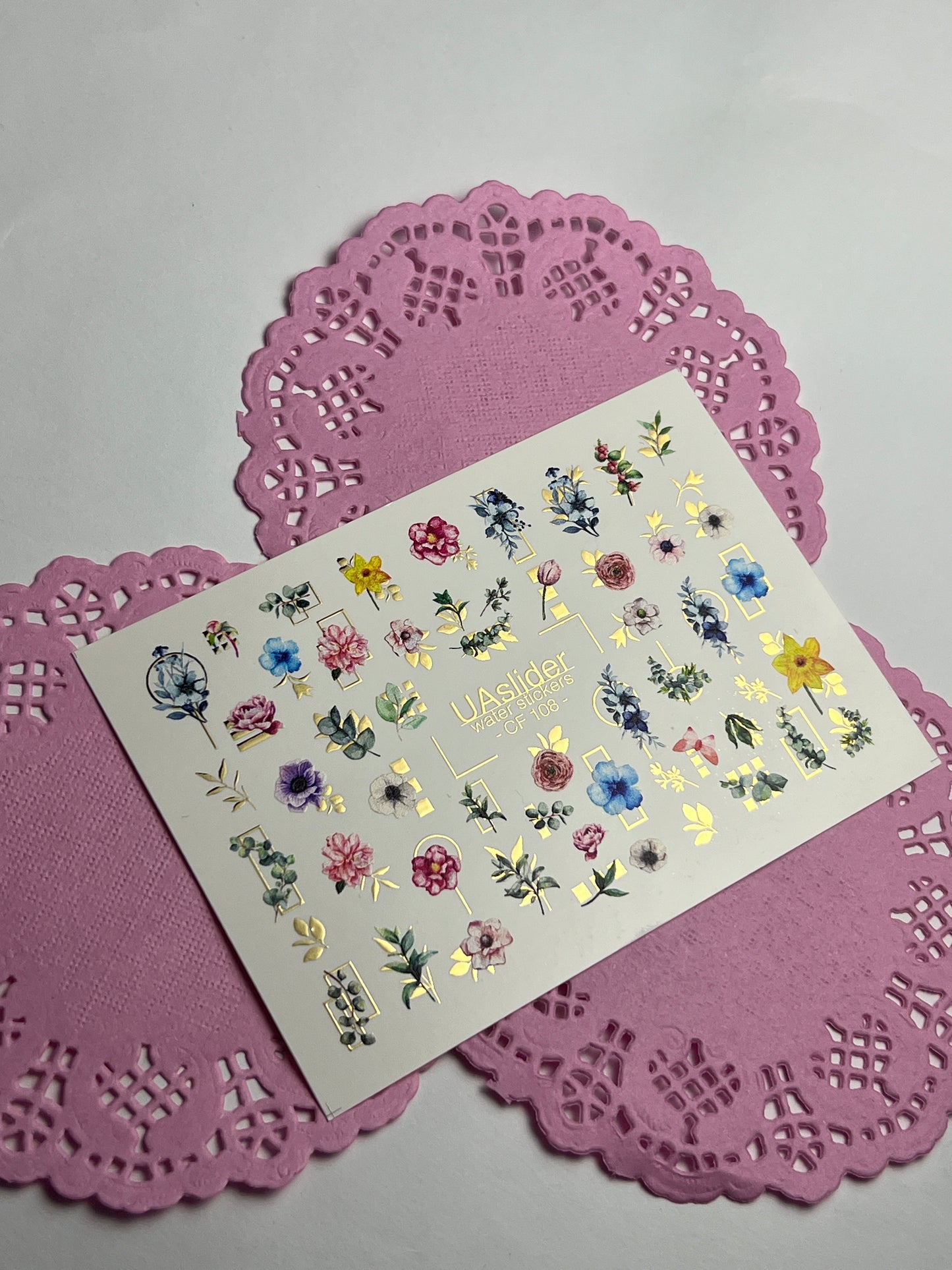 Nail Water Decal CF-108 | Floral Water Slide Nail Decals | Colorful Flowers, Greenery & Gold Frames