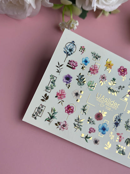 Nail Water Decal CF-108 | Floral Water Slide Nail Decals | Colorful Flowers, Greenery & Gold Frames