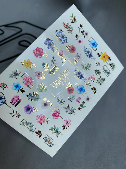 Nail Water Decal CF-108 | Floral Water Slide Nail Decals | Colorful Flowers, Greenery & Gold Frames