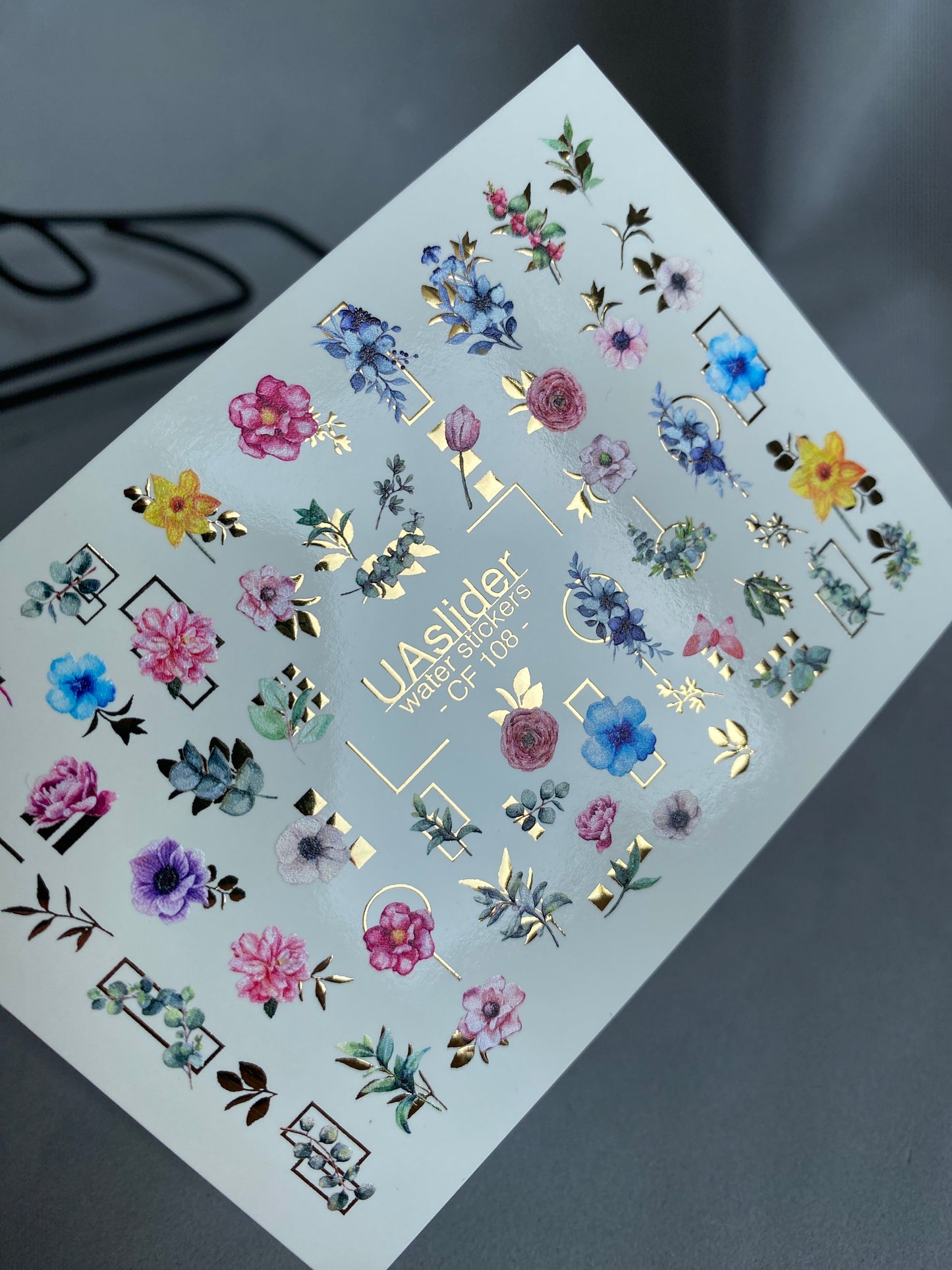 Nail Water Decal CF-108 | Floral Water Slide Nail Decals | Colorful Flowers, Greenery & Gold Frames